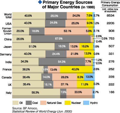 Primary Energy Sources of Major Countries (in 1999)