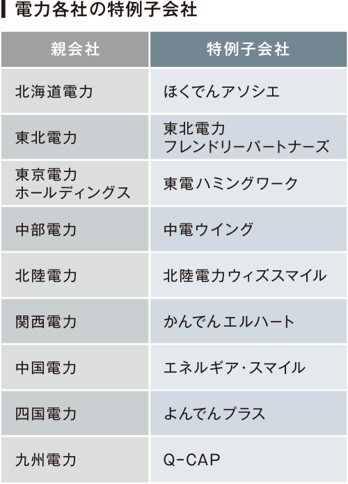 電力各社の特例子会社
