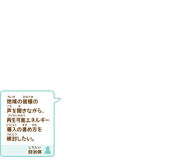地域の皆様の声を聞きながら、再生可能エネルギー導入をどう進めるのがいいのか考えたい。（自治体）