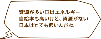 資源が多い国はエネルギー自給率も高いけど、資源がない日本はとても低いんだね