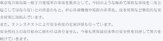 東京電力福島第一原子力発電所の事故を教訓として、今回のような極めて深刻な事故を二度と起こしてはならないとの決意のもと、炉心冷却機能や電源の多重化、浸水対策など徹底的な安全対策に取組んでいます。また、ストレステストにより安全裕度の定量評価も行っています。安全性向上の取り組みに終わりはありません。今後も世界最高水準の安全性を目指して努力を続けていきます。